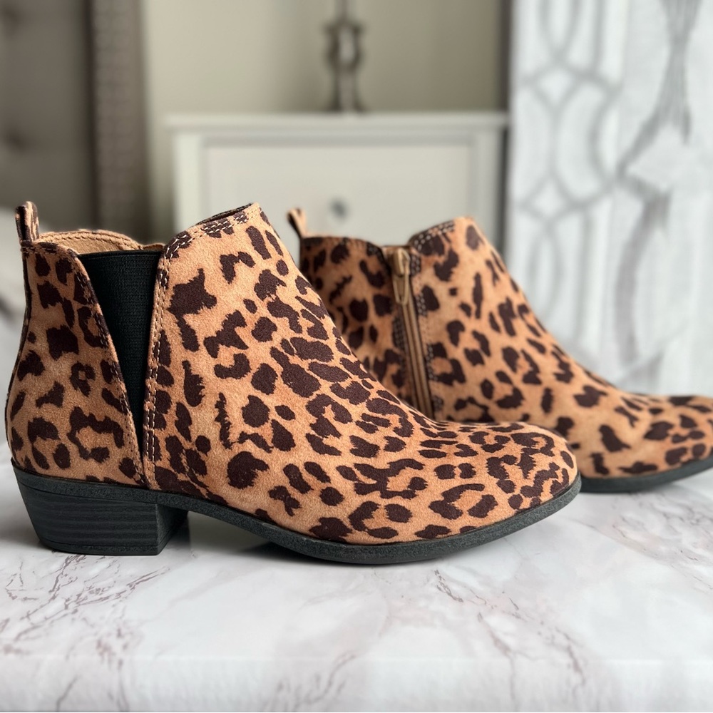 SO Hanno Ankle Boots / Booties, Leopard Print, Tan & Black, Zipper, Women’s 8.5